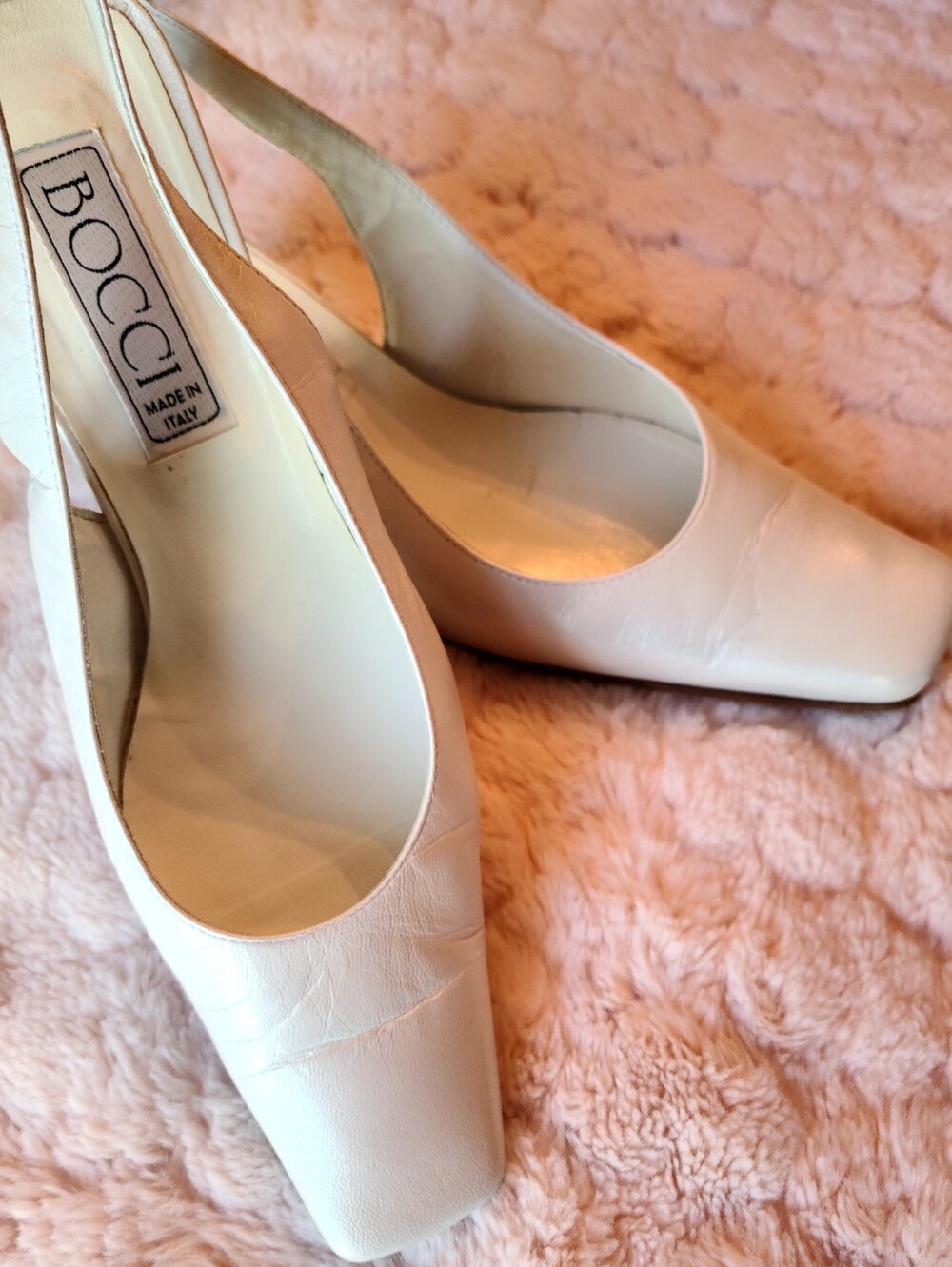 BOCCI White Shimmer Leather Sling Backs